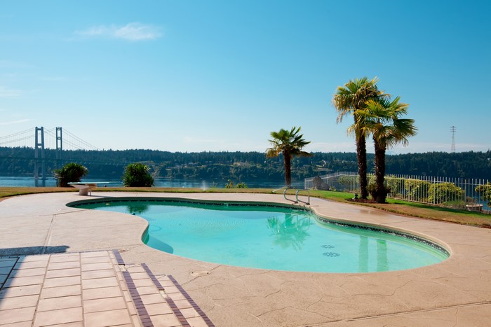 Swimming Pool with Narrows Bridge and Palm Trees in Washington