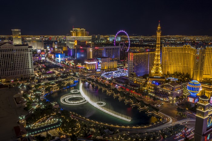 Las Vegas Strip at Night with Eiffel Tower and Bellagio Fountains