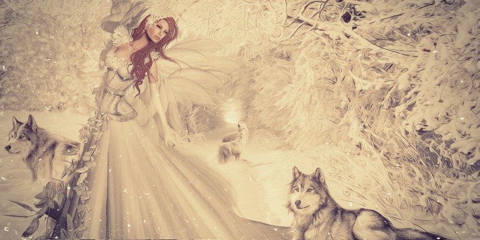 Woman in white dress with wolves in snowy forest