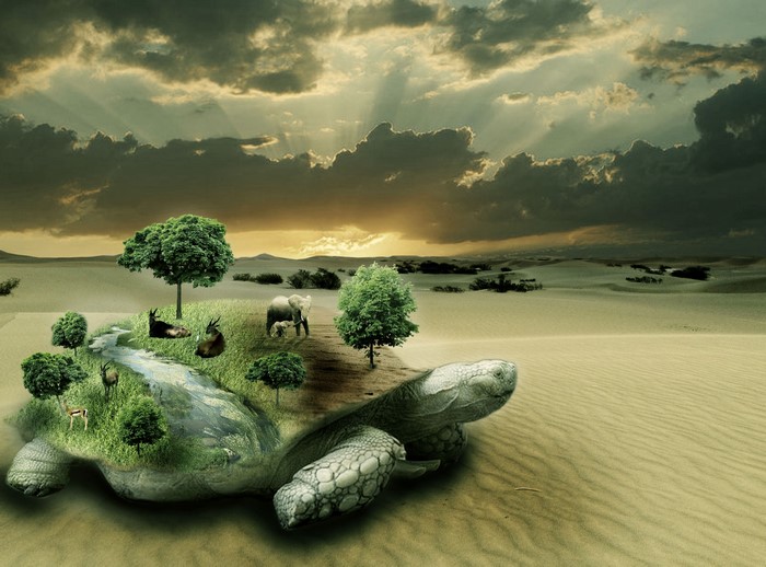 Giant turtle carrying a miniature ecosystem in a desert landscape