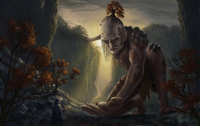 Giant holding a small creature with a wizard