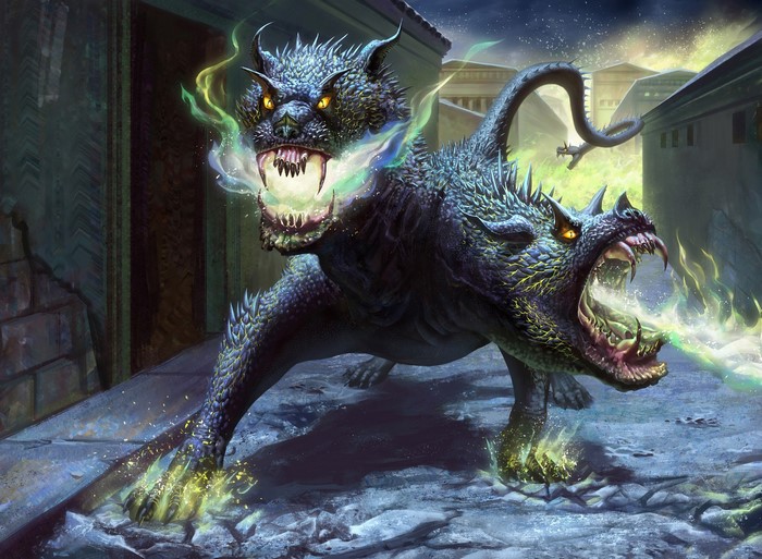 Cerberus breathing fire in a dark alley