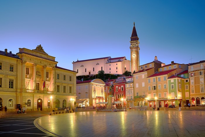 Tartini Square in Piran, Slovenia at Dusk