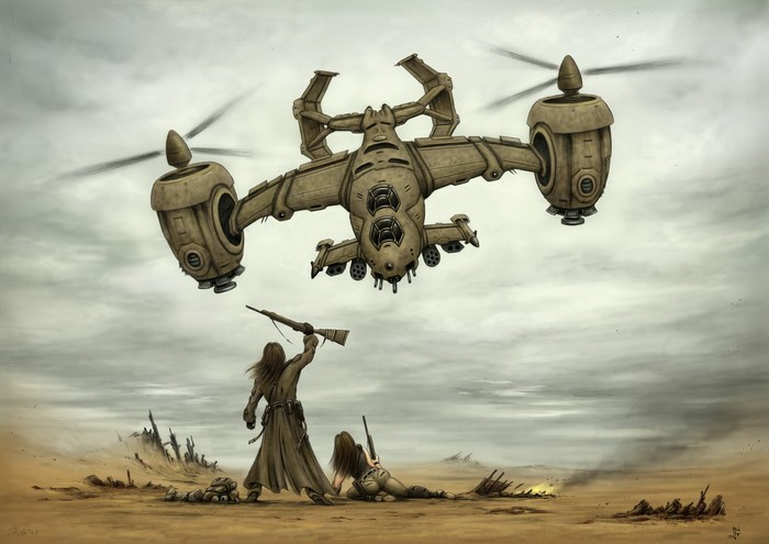 Convertiplane and soldiers in a desert landscape