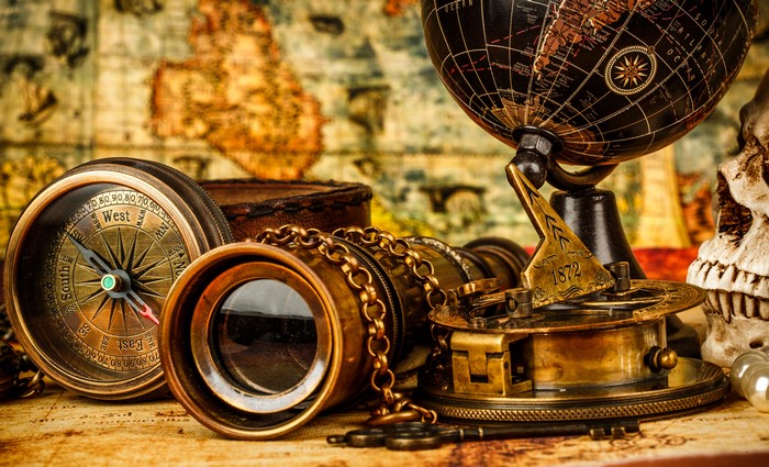 Vintage Globe, Compass, Telescope, and Skull