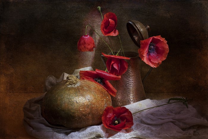 Still-life with poppies, pumpkin, and copper jug