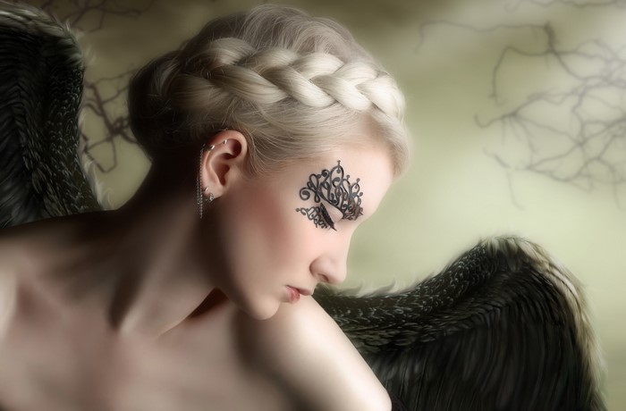 Blonde girl with black wings and face mask