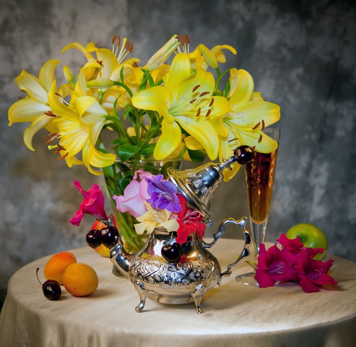 Still-life with yellow lilies and fruit