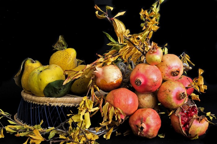 Still-life with pomegranates and quinces in a basket