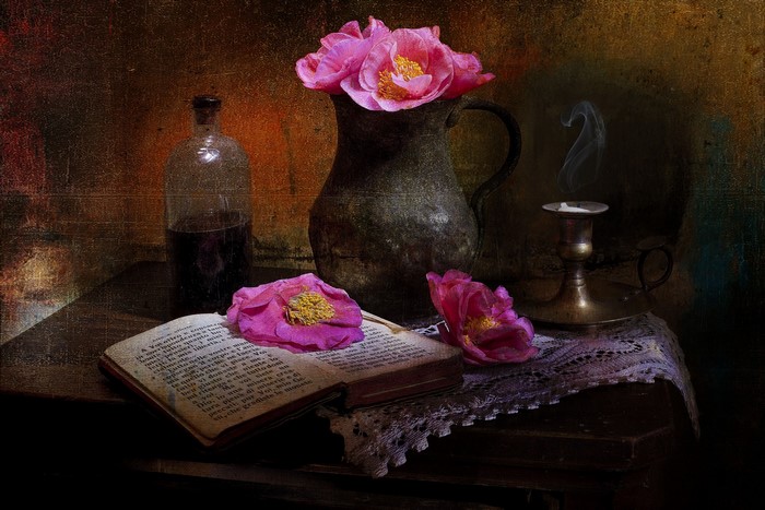 Still-life with pink flowers, book, and bottle