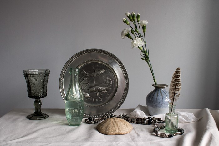 Still-life with Carnations, Plate, Stemware, Bottle, and Feather