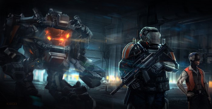 Mech and soldiers in a futuristic setting