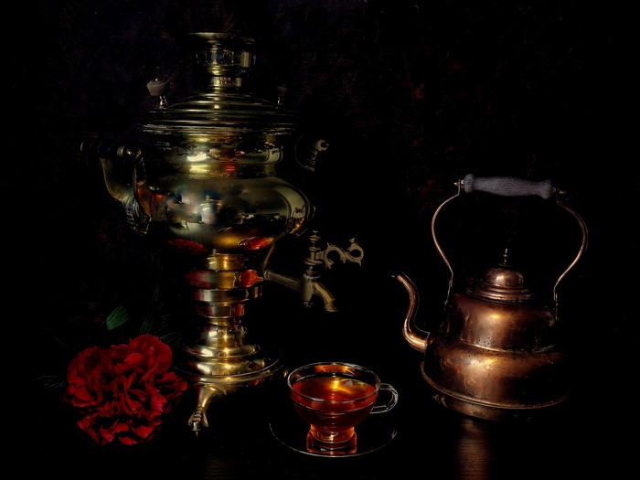 Brass Samovar, Copper Kettle, and Tea Cup