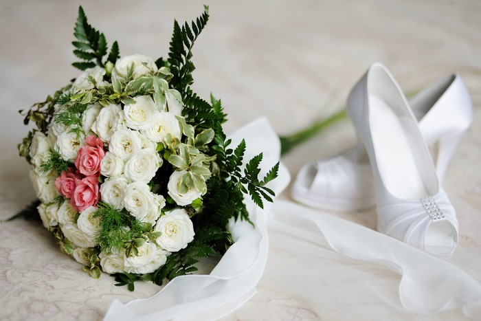 Wedding Bouquet and White Stiletto Heels