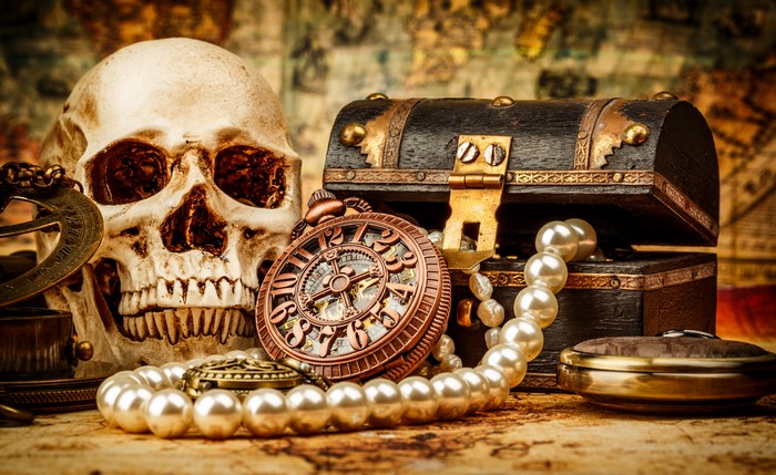 Skull, Treasure Chest, Pearls, and Pocket Watch on Map
