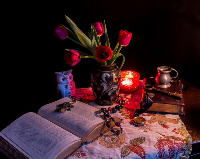 Still-life with tulips, book, and candle