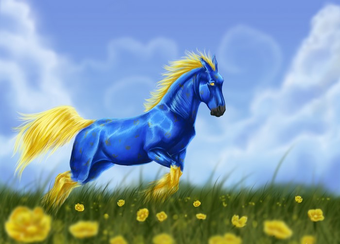 Blue and yellow horse running in a field of flowers