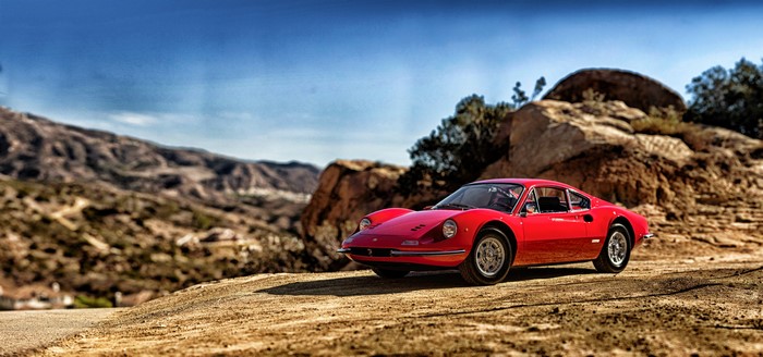 1969 Ferrari Dino 246 GT in a desert landscape