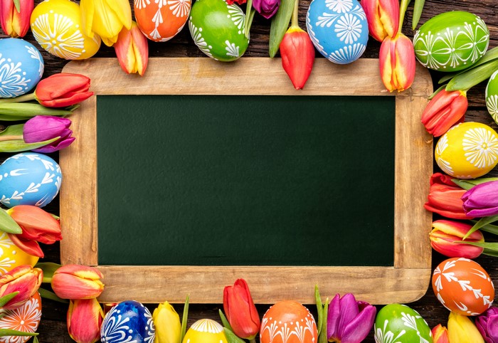 Easter Eggs and Tulips Bordering a Chalkboard