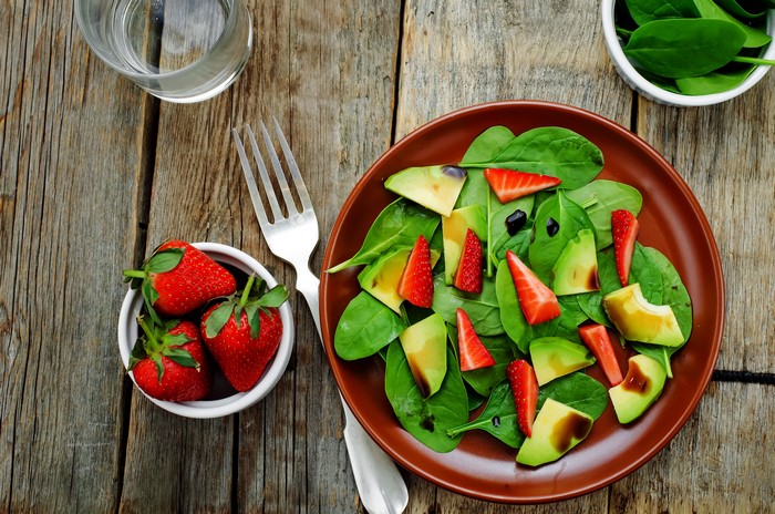 Strawberry and Avocado Spinach Salad on Plate
