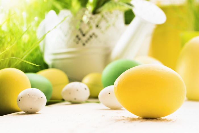 Easter Eggs with Watering Can and Grass