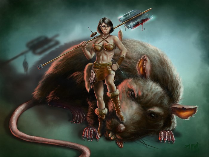 Warrior woman with spear and giant rat