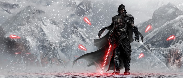 Lord Kylo Ren from Star Wars with red lightsabers and soldiers