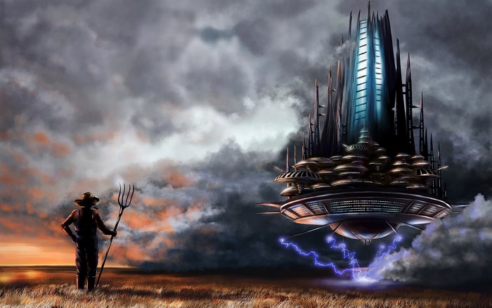 Farmer with Pitchfork faces alien spaceship