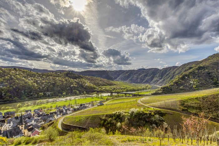 Vineyards and Village in Germany with Mountains and Clouds