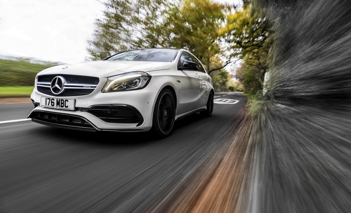 White Mercedes-Benz AMG A-Class W176 in Motion