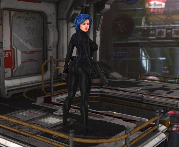 Woman with blue hair and assault rifles