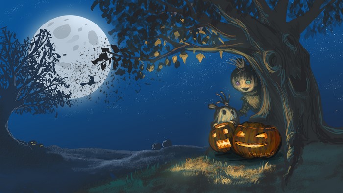 Halloween Night with Pumpkins and Moon