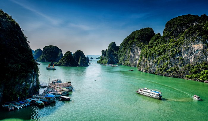 Ha Long Bay, Vietnam with boats and limestone karsts