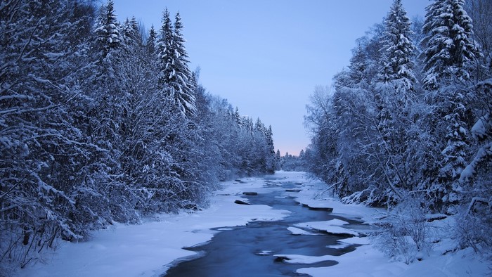 Winter river flowing through snow-covered forest in Finland
