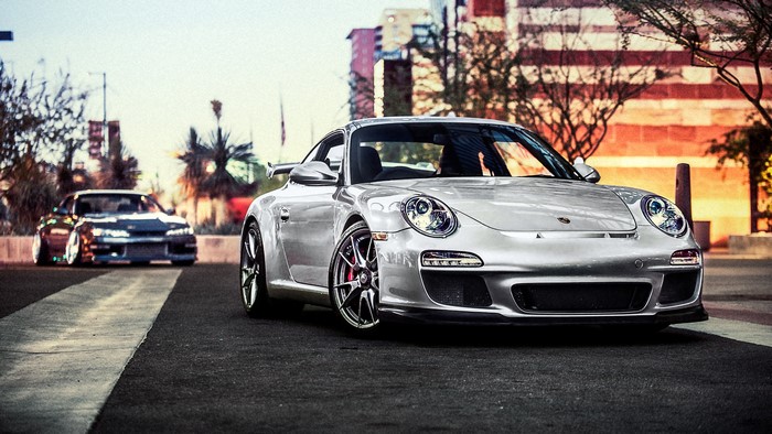Silver Porsche 911 GT3 on a City Street