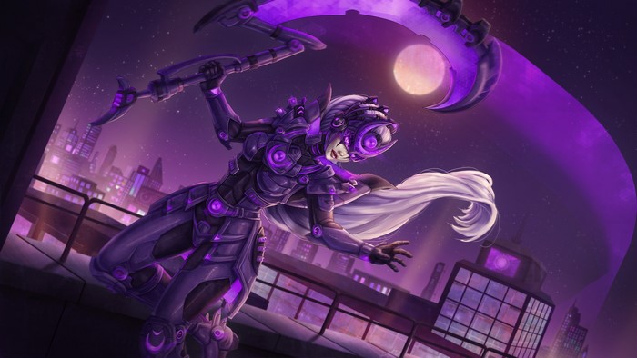 Diana from League of Legends with a scythe at night