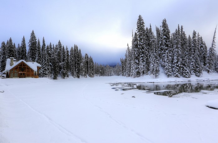 Log cabin by a frozen lake surrounded by snow-covered trees