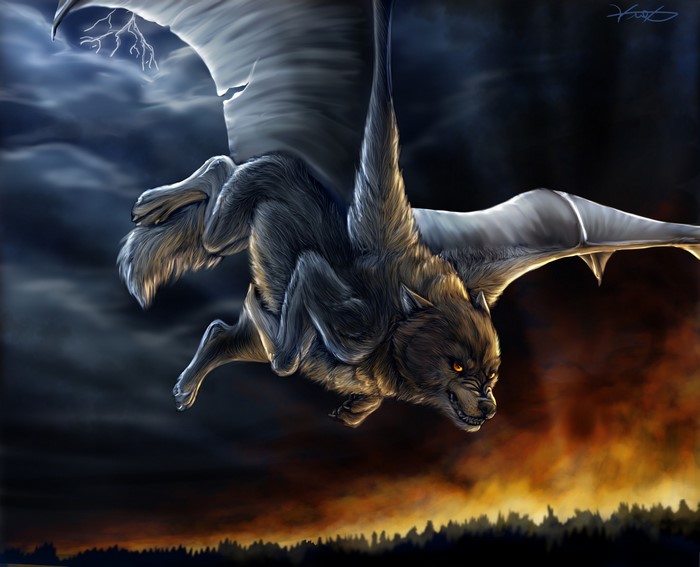 Winged wolf creature flying at night with lightning