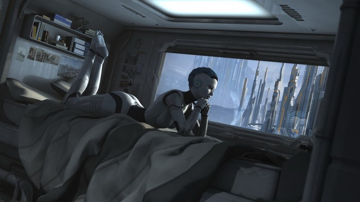 Robot lying on a bed looking out a window at a futuristic city