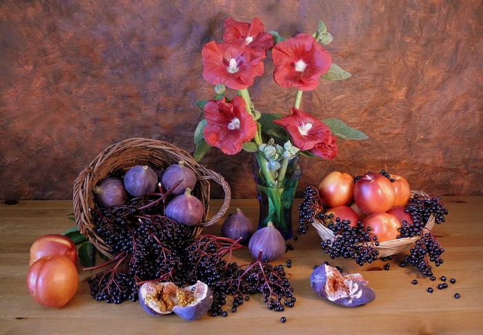 Still-life with figs, peaches, elderberries, and hollyhocks