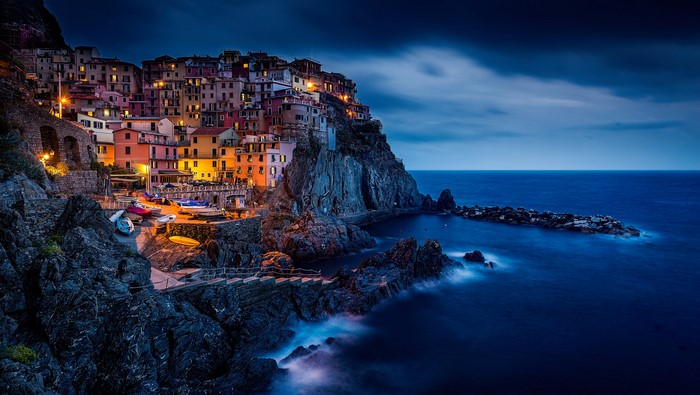 Manarola village on the Ligurian coast of Italy at dusk
