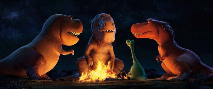 The Good Dinosaur: Three T-Rexes and a young dinosaur by campfire