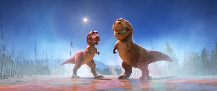 Two dinosaurs in a prehistoric landscape