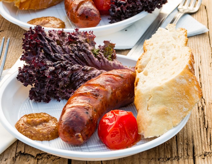 Sausage, Bread, and Salad on a Plate