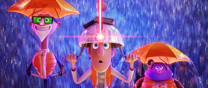 Cloudy with a Chance of Meatballs 2 characters in the rain