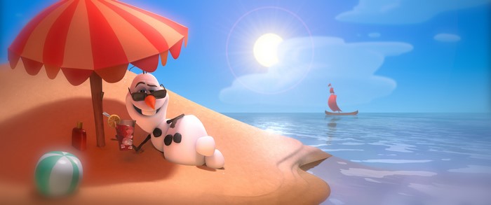 Olaf from Frozen on a beach with a drink