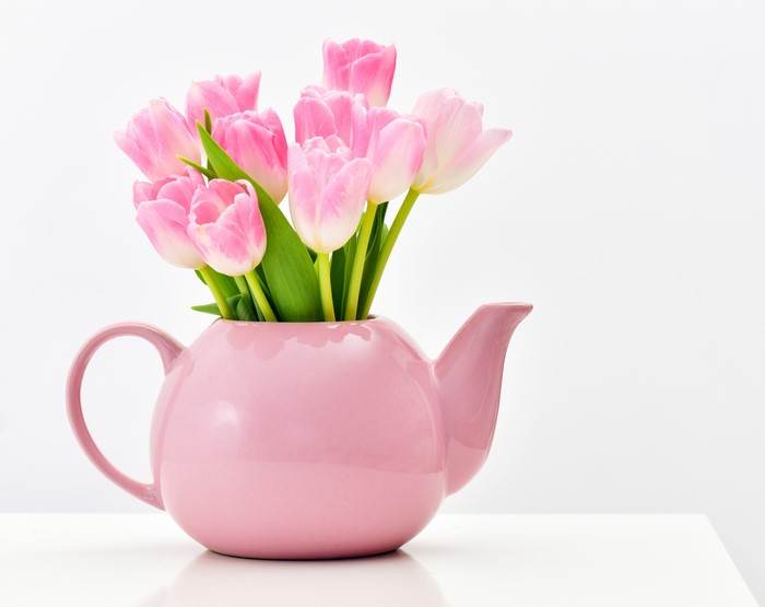 Pink Tulips in a Pink Teapot Vase