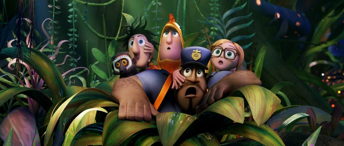 Characters from Cloudy with a Chance of Meatballs 2 in a jungle