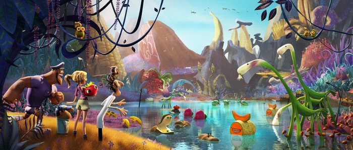 Characters from Cloudy with a Chance of Meatballs 2 in a colorful landscape