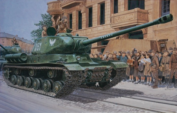 Painting of Soviet IS-2 tanks in a city street
